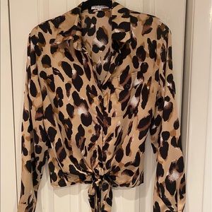 Satin Leopard Front Tie Blouse